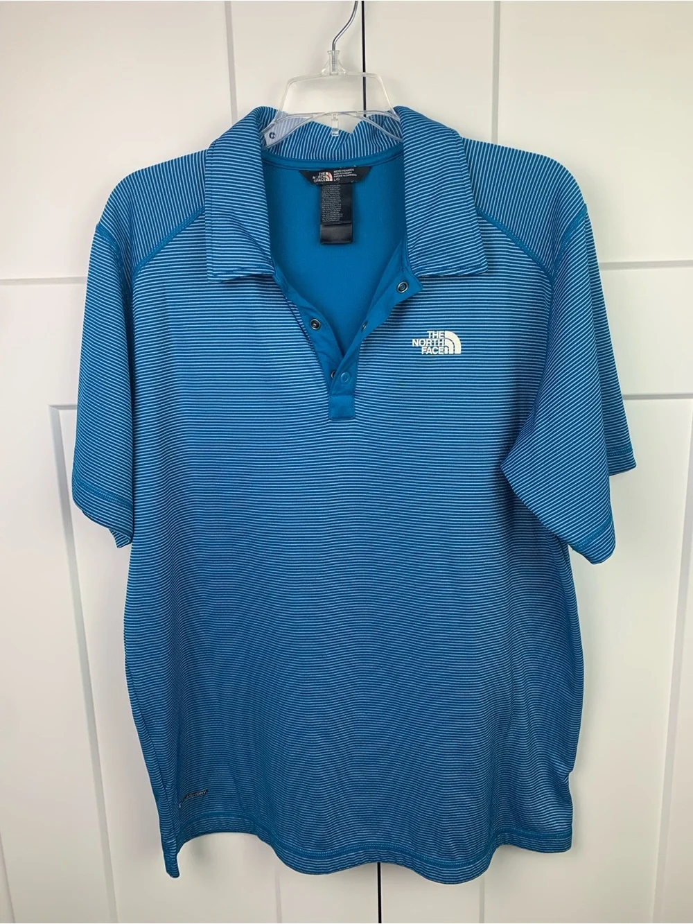 The North Face Men's L Blue White Striped Short Sleeve Polo Golf Shirt Preppy
